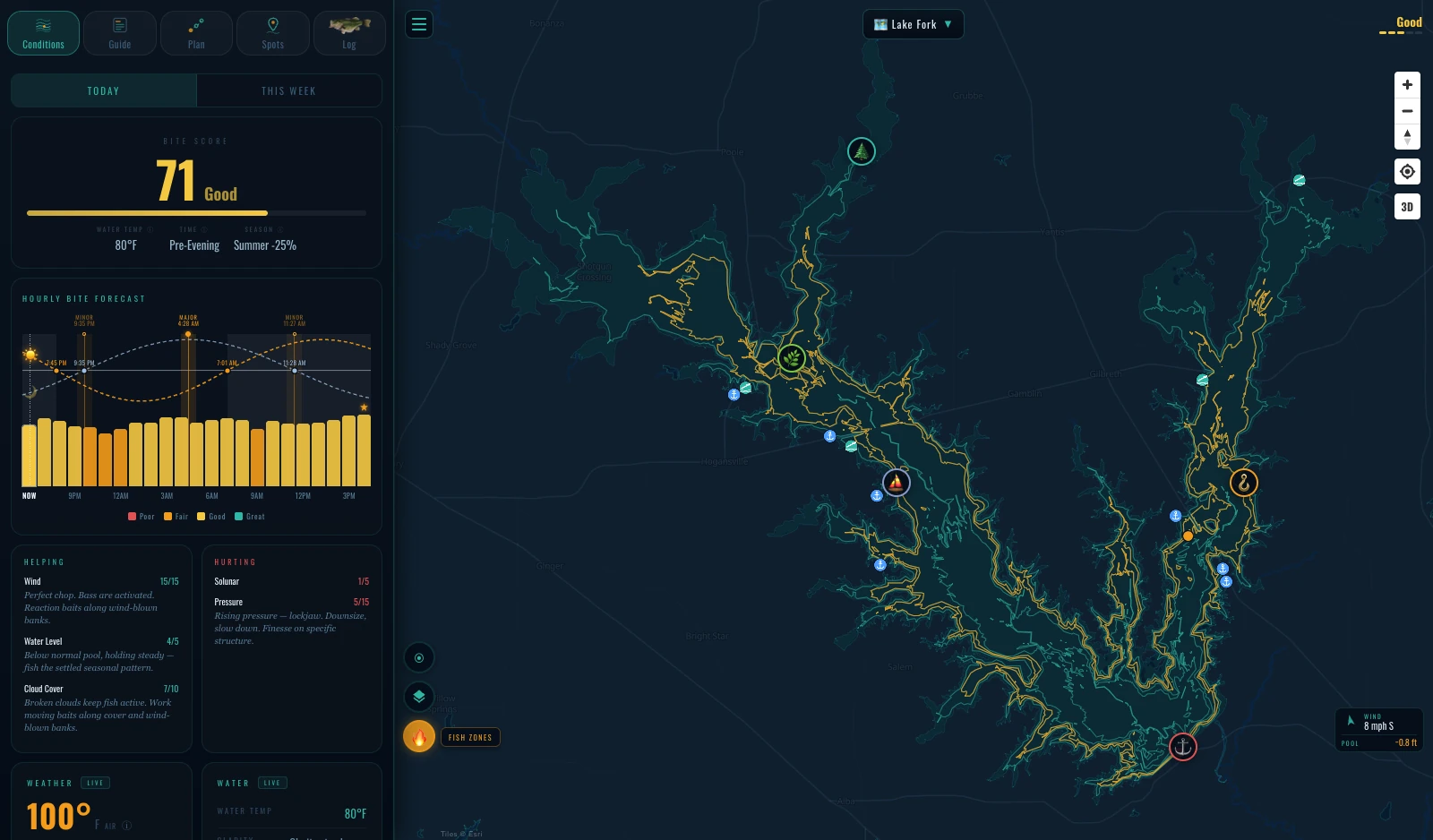 The app open on your lake, switcher at the top — Lake Fork, Texas