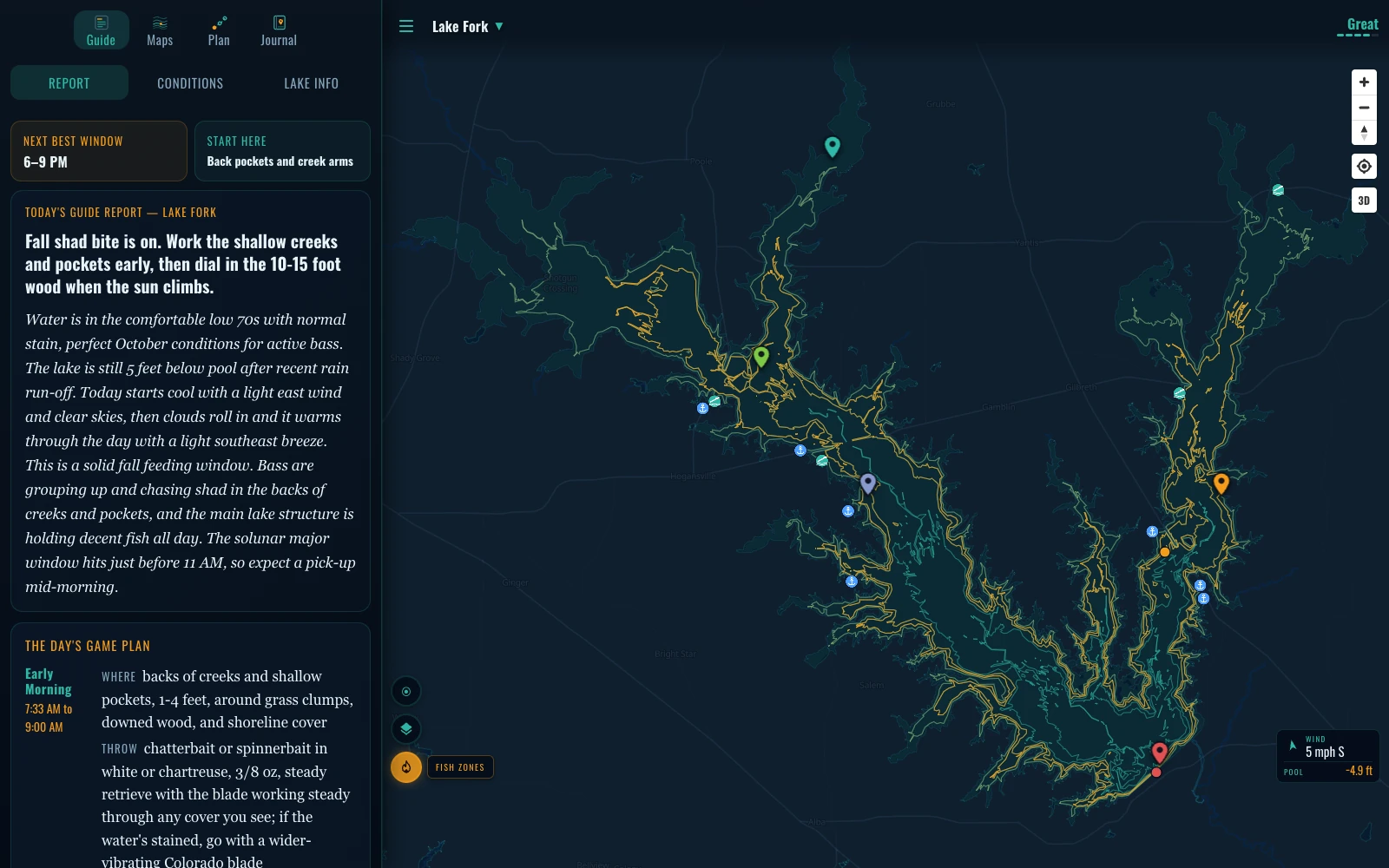 The app open on your lake, switcher at the top — Lake Fork, Texas