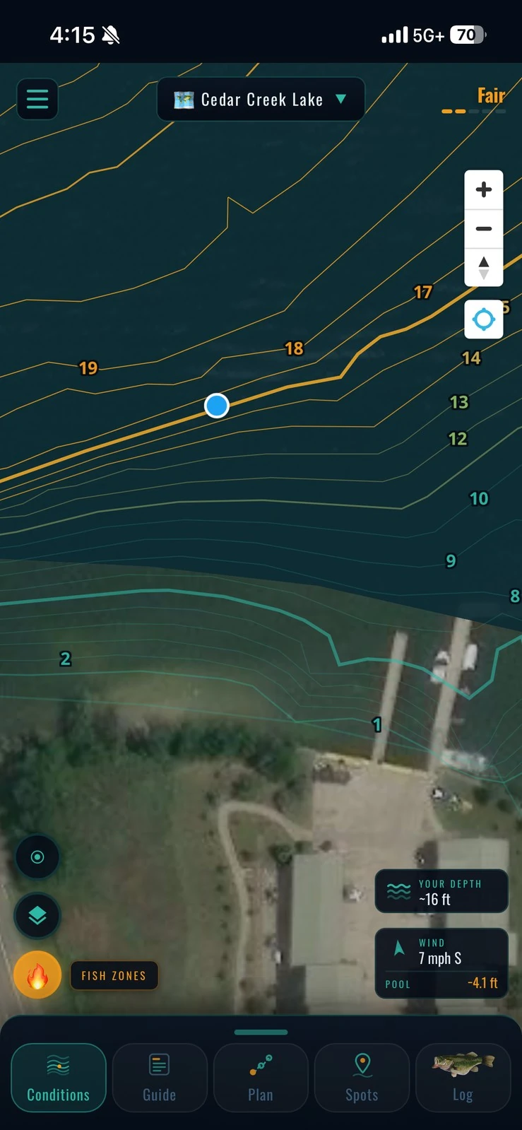 Your boat on the contours, depth corrected to today's pool — Cedar Creek Lake