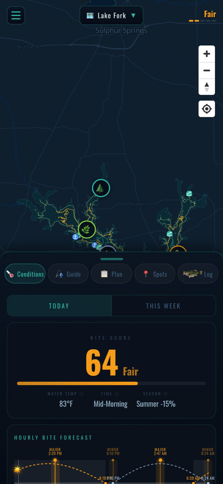 Bite score and live conditions — Lake Fork