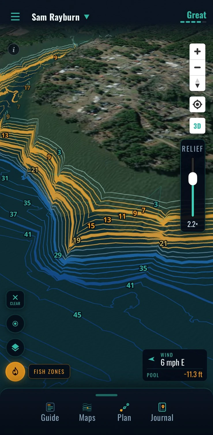 3D depth, tilted like you're flying the lakebed — Sam Rayburn