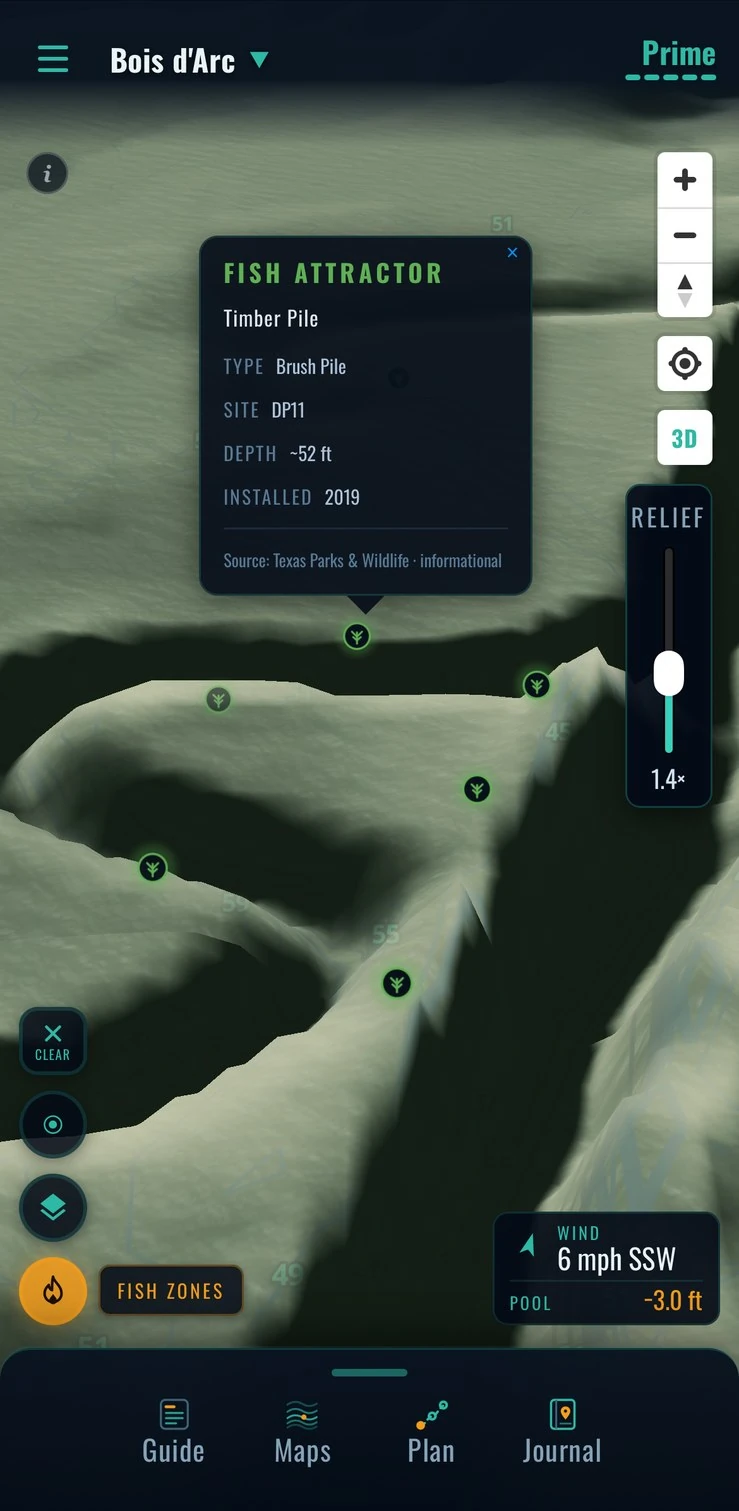 Timber pile at ~52 ft on the channel edge in 3D — Bois d'Arc Lake