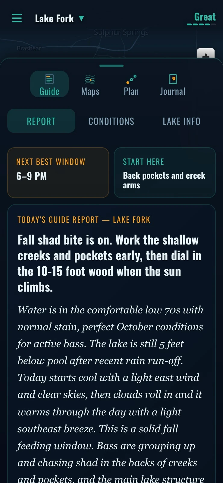 Today's guide report, next best window on top — Lake Fork