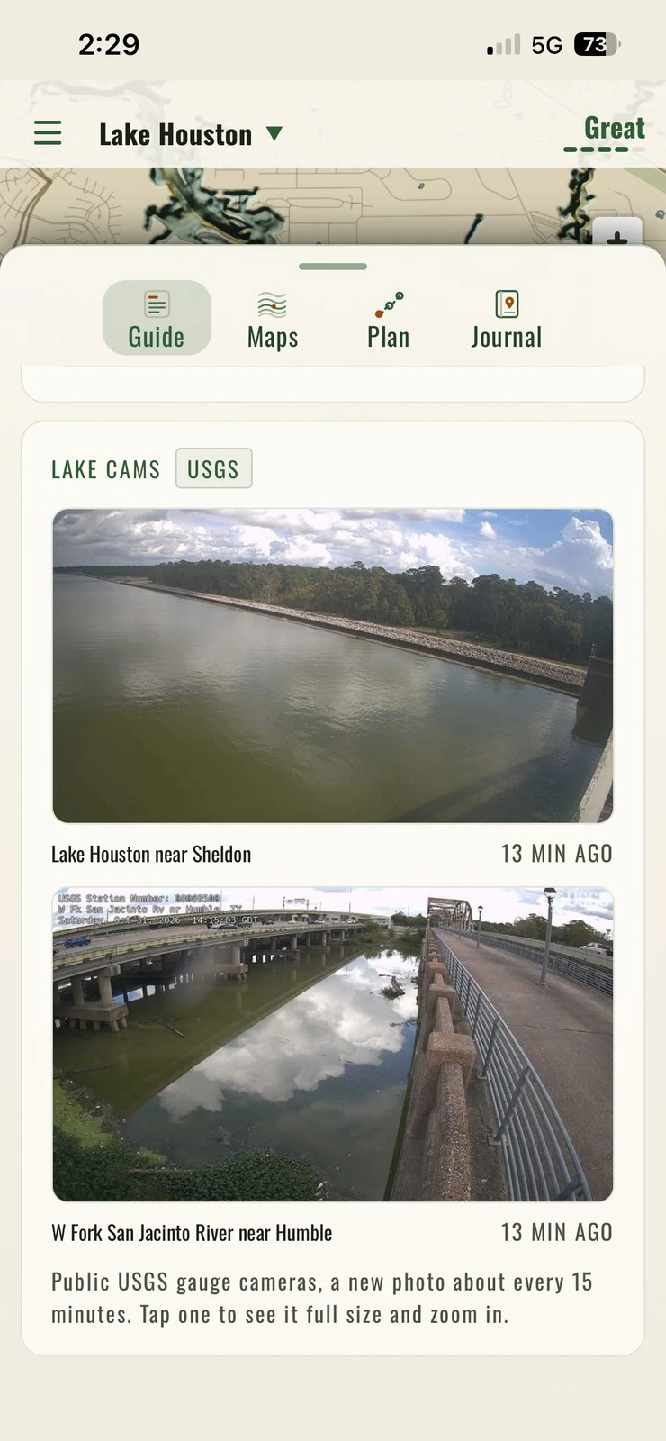 Lake Cams under Conditions: the dam and the West Fork, 13 minutes old — Lake Houston, Texas