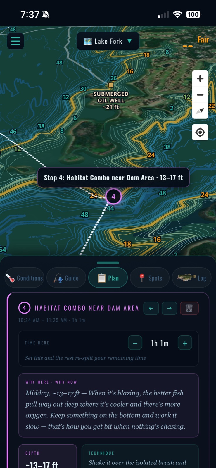Plan stop 4, staged over a submerged oil well — Lake Fork
