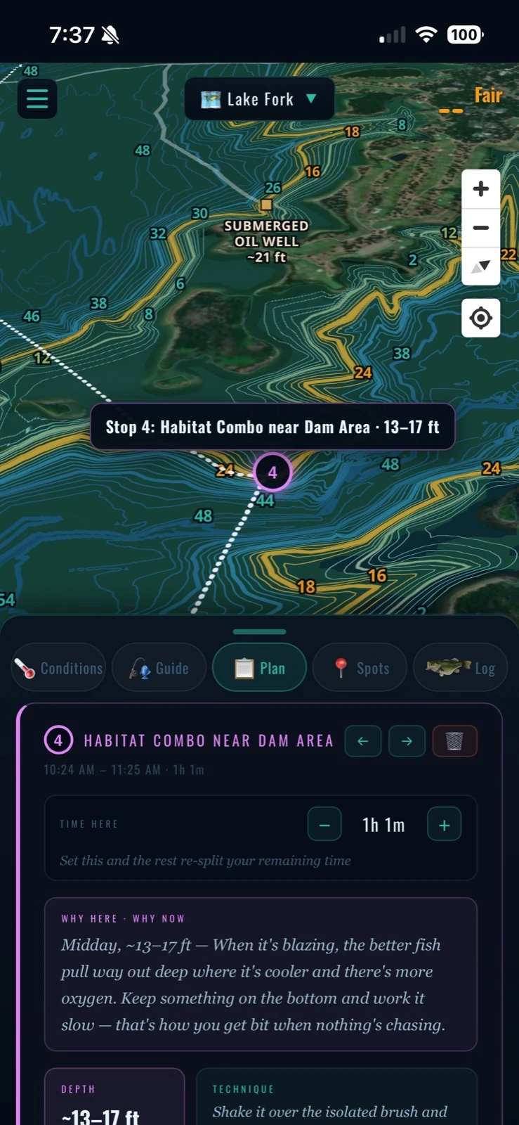 Plan stop 4, staged over a submerged oil well — Lake Fork
