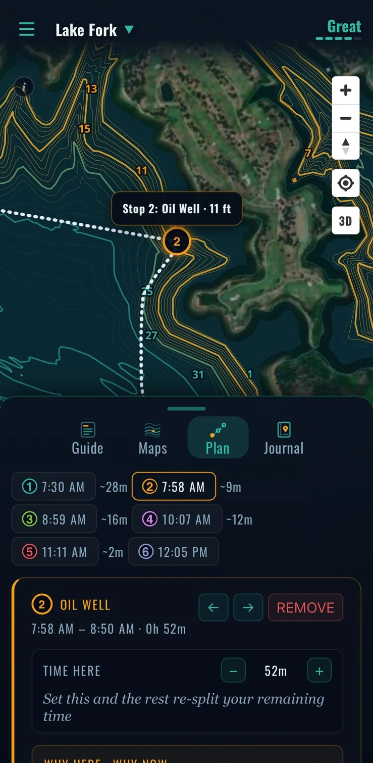 Plan stop 2, staged over a submerged oil well at 11 ft — Lake Fork