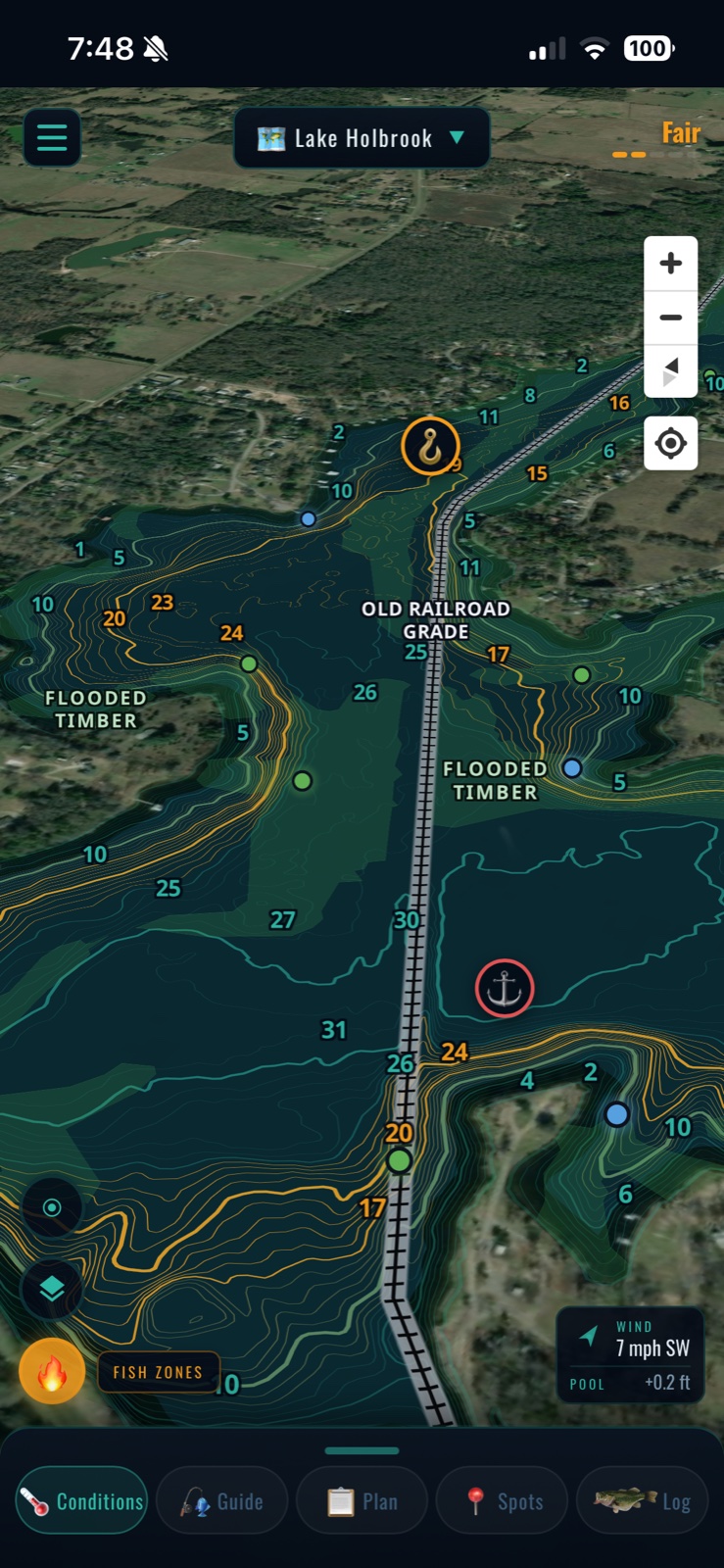 Old railroad grade through flooded timber — Lake Holbrook