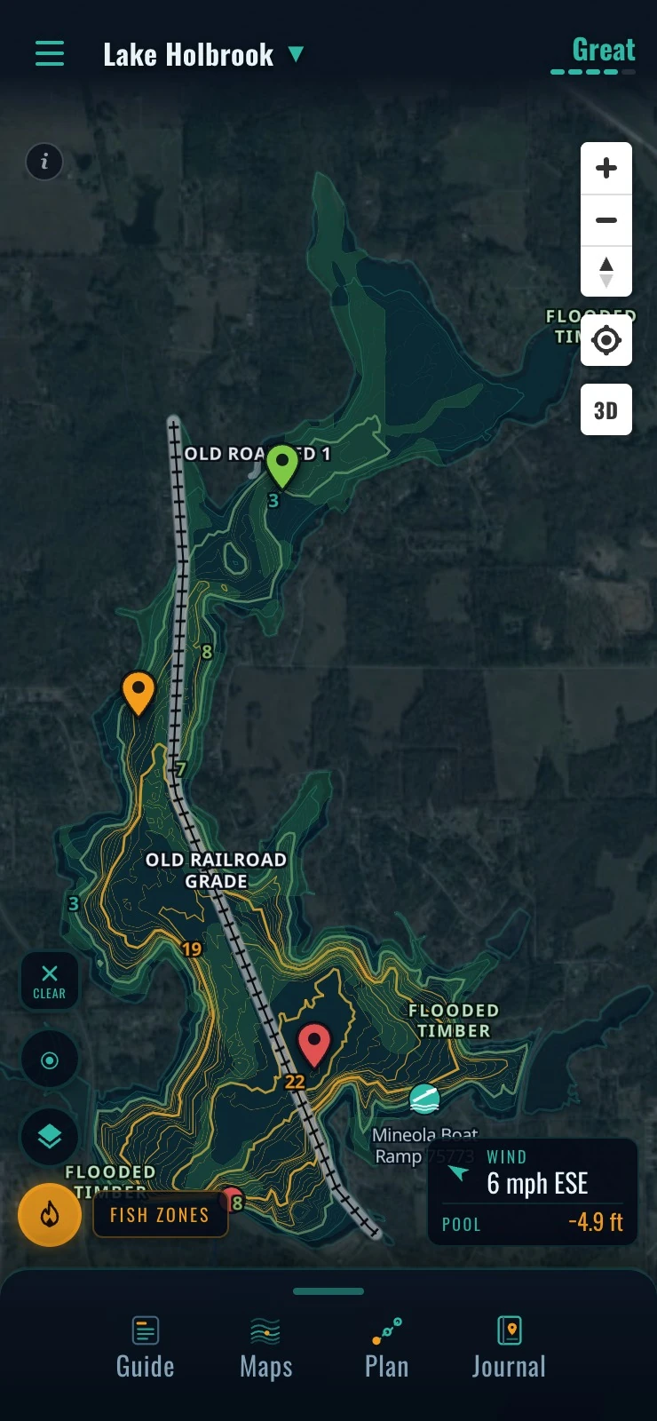 Old railroad grade through flooded timber — Lake Holbrook