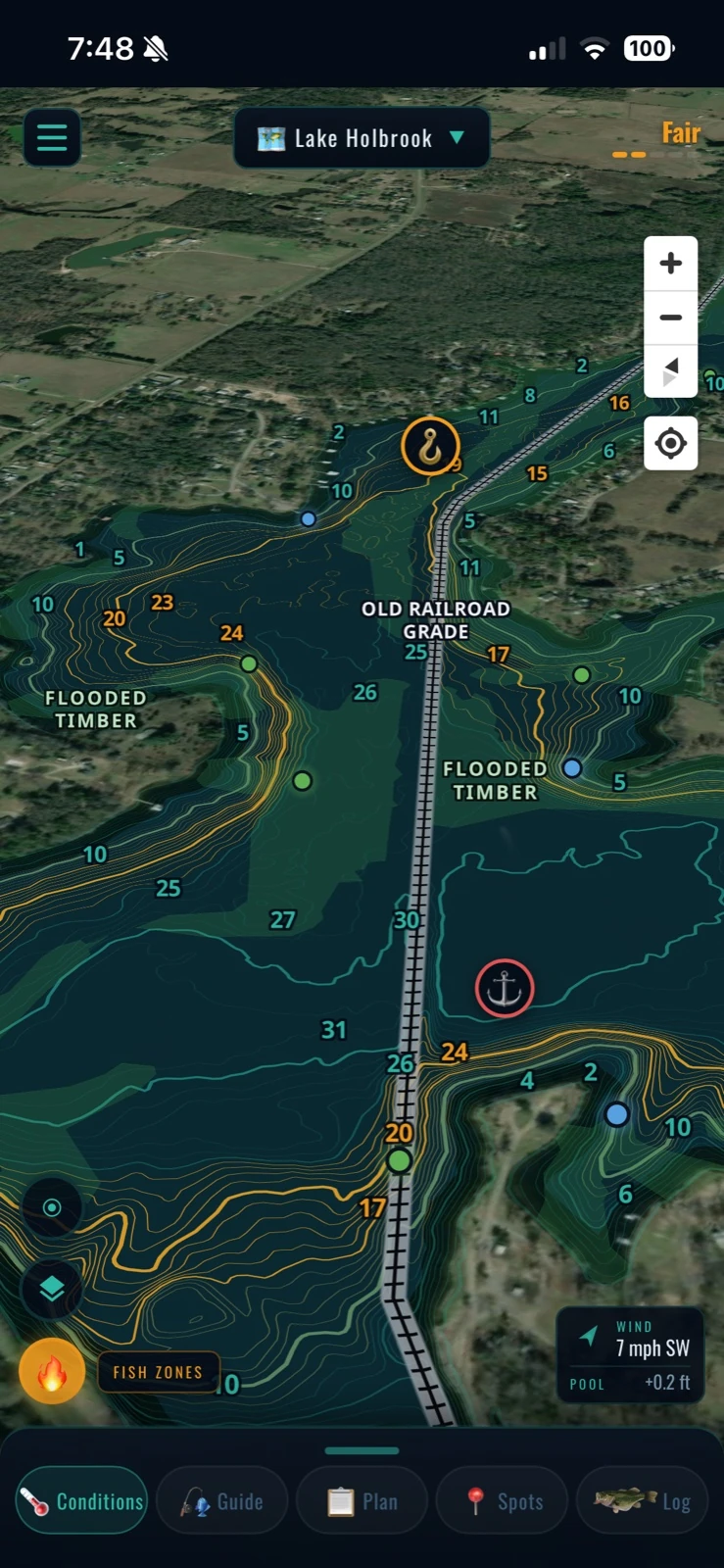 Old railroad grade through flooded timber — Lake Holbrook