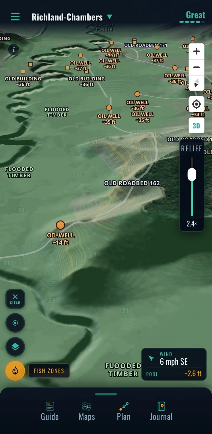 Real View with submerged structure: oil wells along an old roadbed, relief at 2.4× — Richland-Chambers