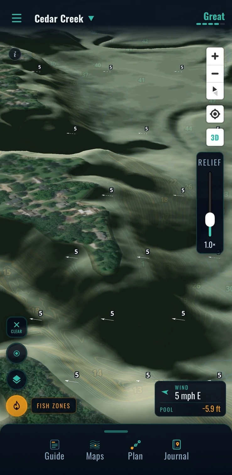 Wind arrows over Real View in 3D: an east wind blowing onto the point — Cedar Creek Lake
