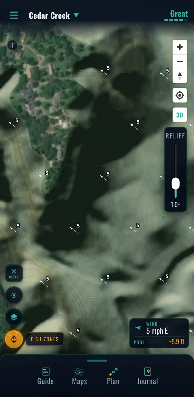 The same windblown point from above, channel swinging in beside it — Cedar Creek Lake