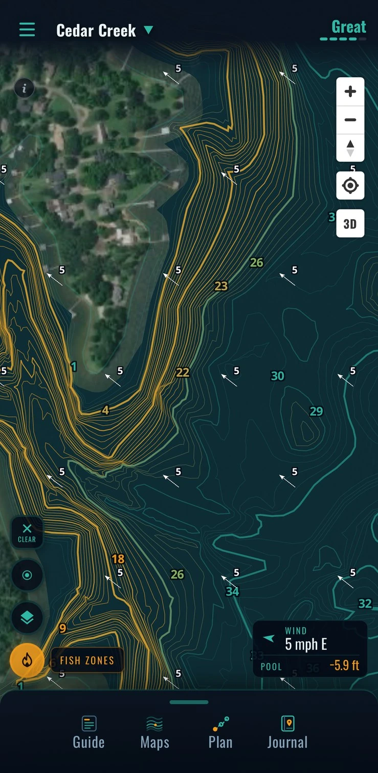 The wind side of the point on the contours: the break tight to the bank — Cedar Creek Lake