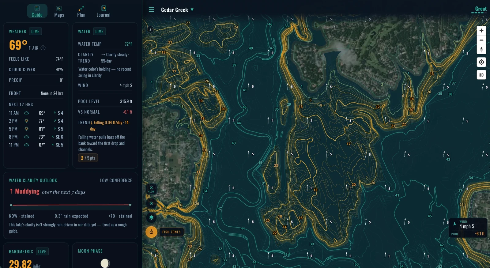 Wind arrows over the water, live weather and the next 12 hours — Cedar Creek Lake, Texas